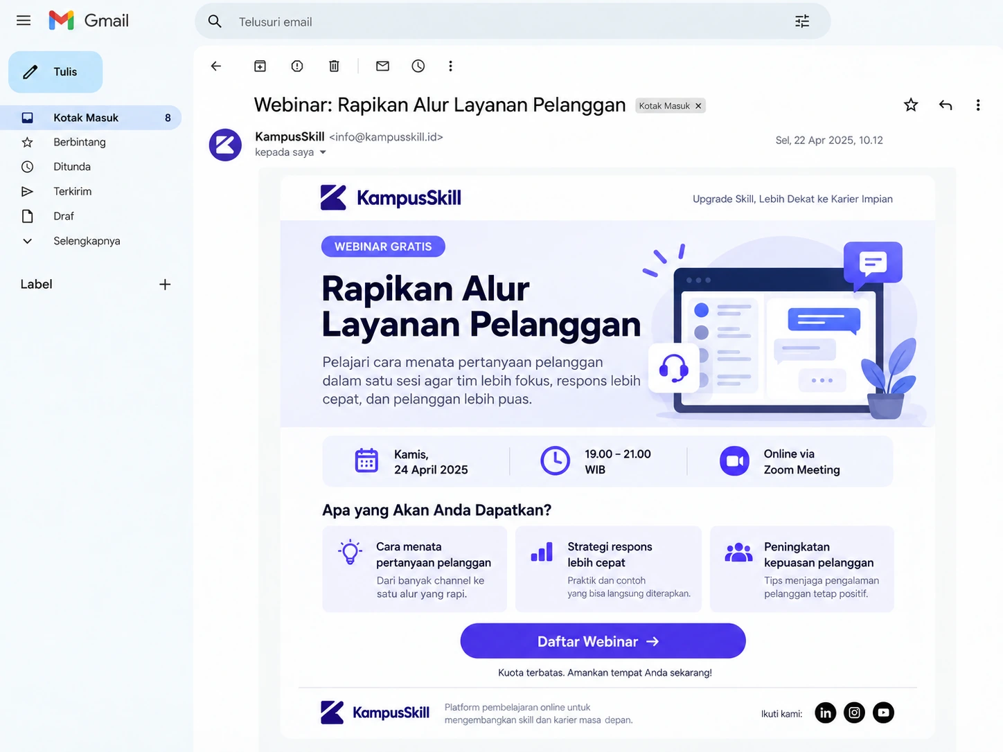 rancangan email webinar dengan subject preview dan CTA Daftar Webinar