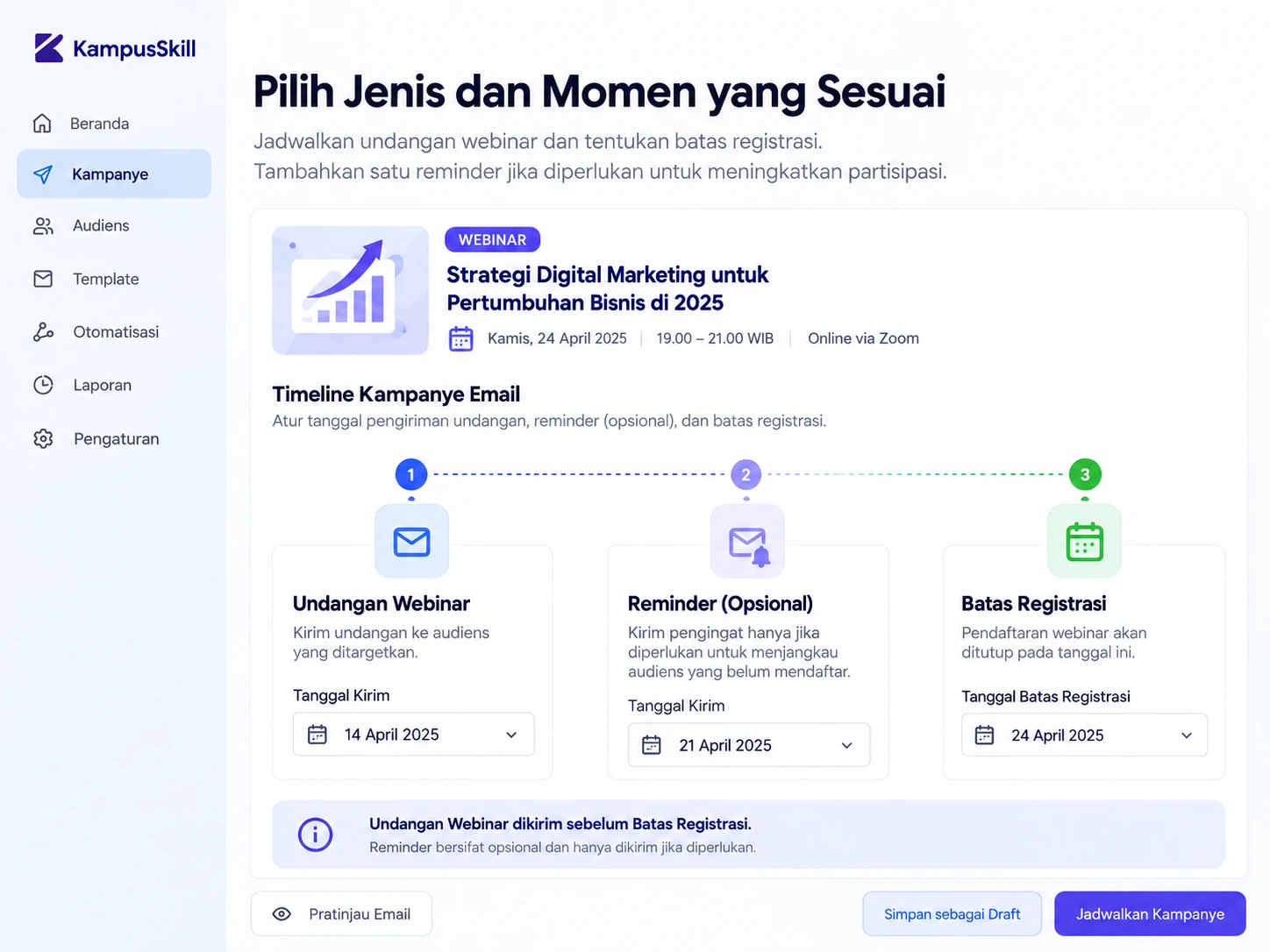 jadwal email undangan dan reminder webinar sebelum pendaftaran ditutup