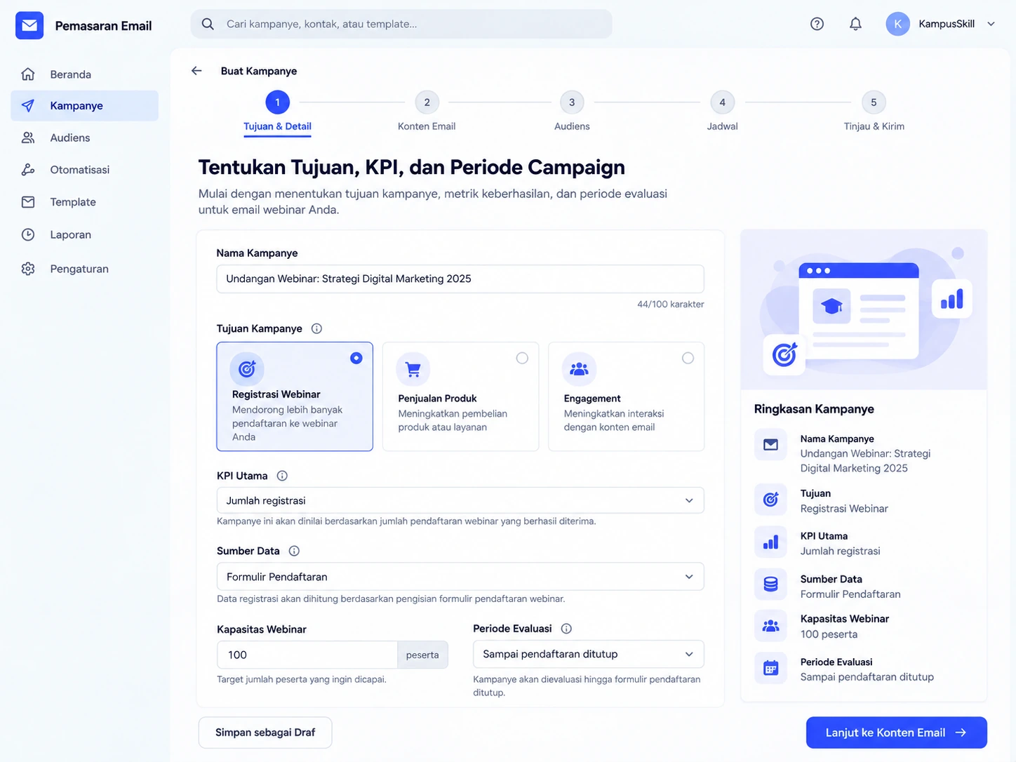 perencanaan tujuan KPI dan periode campaign webinar