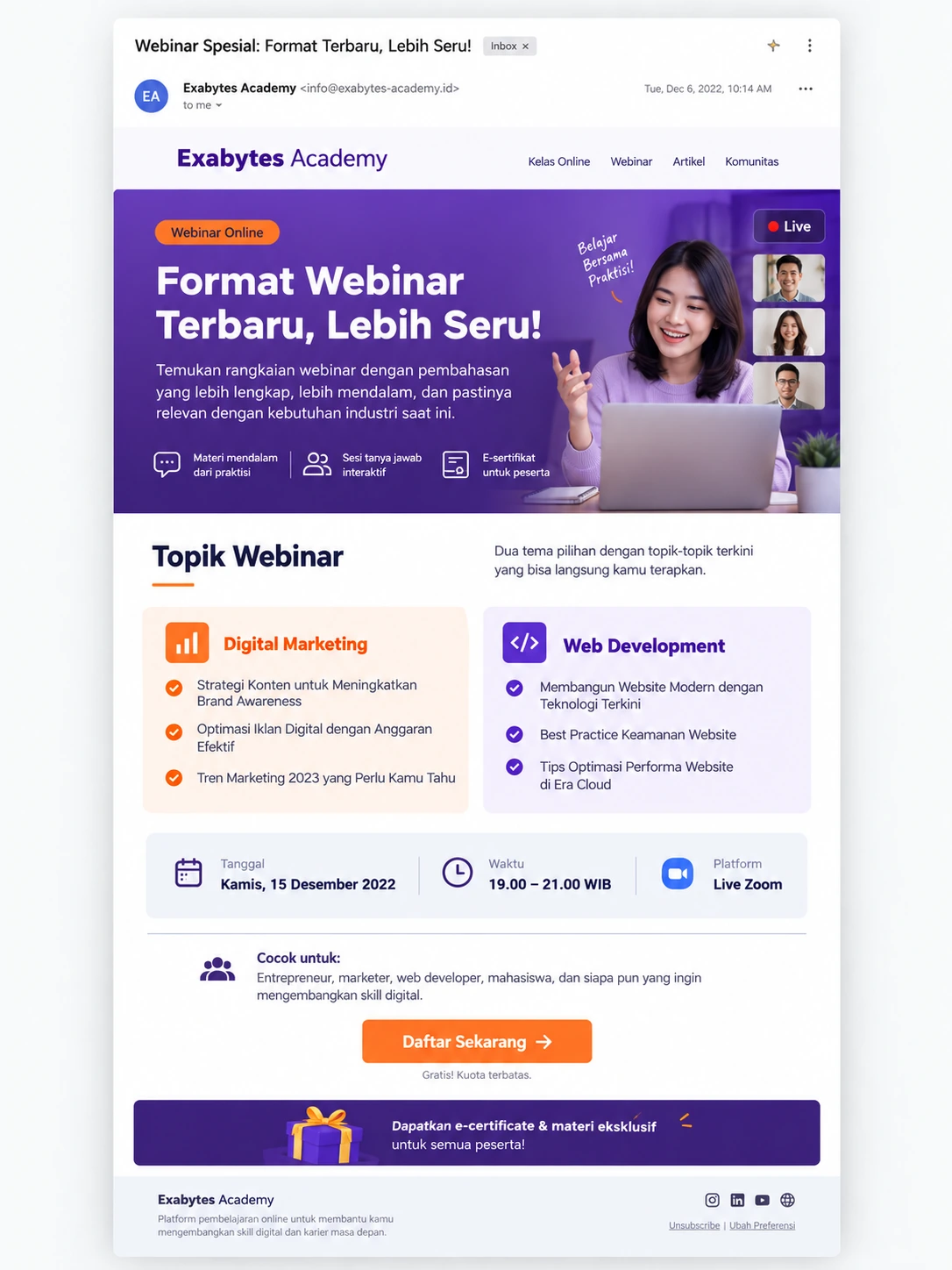 contoh newsletter Exabytes Academy untuk promosi webinar