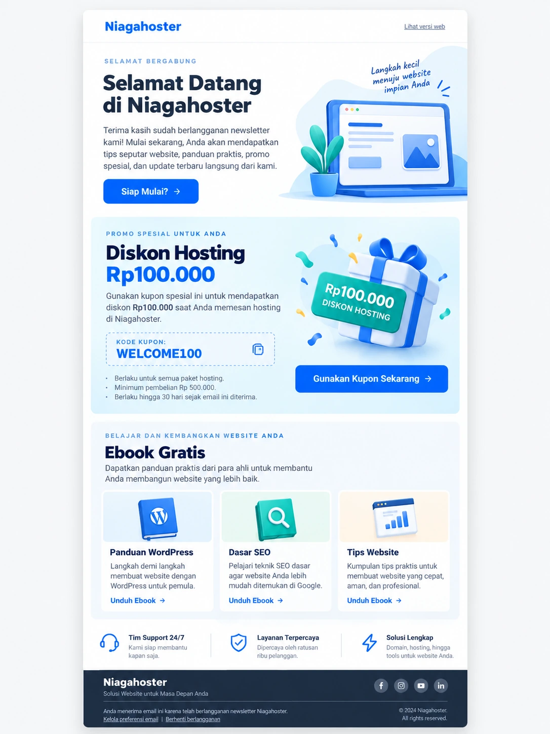 contoh newsletter Niagahoster dengan kupon hosting dan ebook gratis