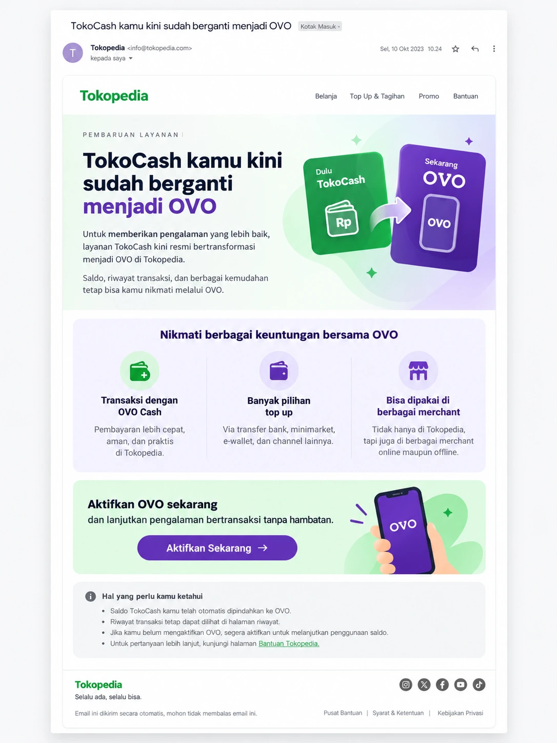 contoh newsletter Tokopedia tentang perubahan TokoCash menjadi OVO